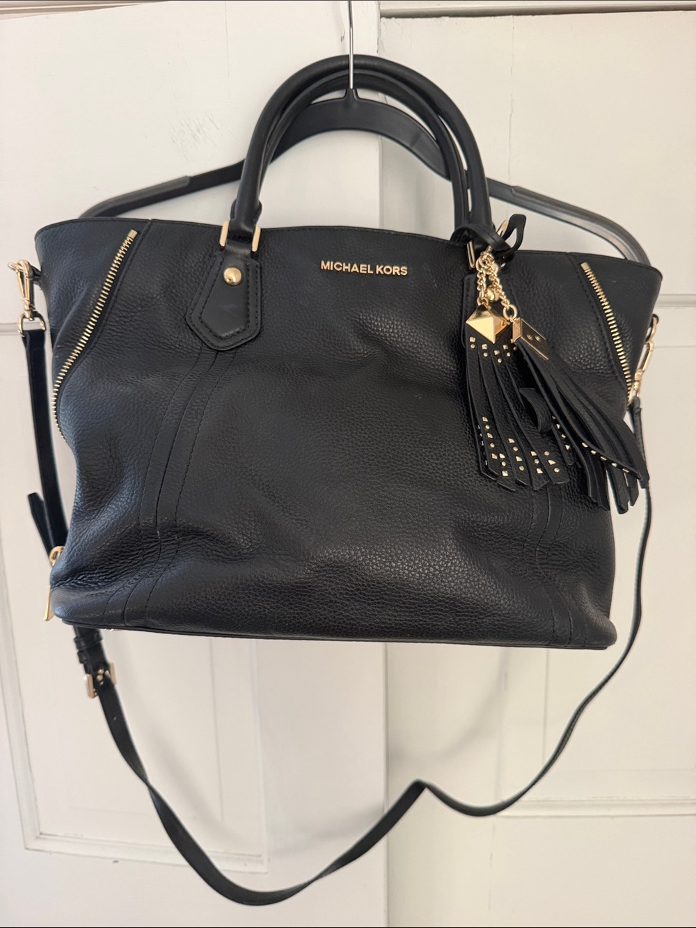 Michael Kors Black Pebbled Leather Satchel with Tassel Charm and Gold Hardware